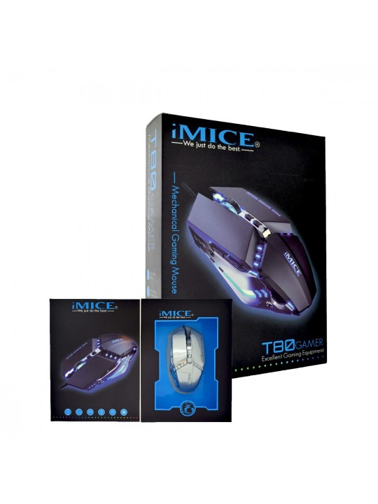 Ενσύρματο Ποντίκι iMICE T80 Gamer 6D με 6 Πλήκτρα, 3200 DPI και LED Φωτισμό. Ασημί
