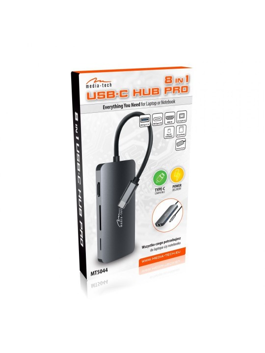 Hub Media-Tech MT5044 8 σε 1 USB-C με 3xUSB 3.0, USB-C PD, HDMI, RJ45, SD και Micro SD Θύρες Γκρι