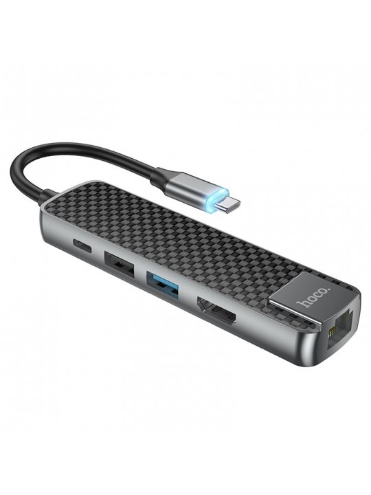Hub USB C Hoco HB23 Easy View HDMI USB3.0, USB2.0, RJ45, PD 4K / 30Hz 60W Carbon