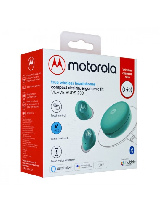 Bluetooth Hands Free Motorola Vervebuds 250 In-ear TWS IPX5 με Ασύρματη Φόρτιση Τιρκουάζ Συμβατά με Alexa, Siri και Google Assistant