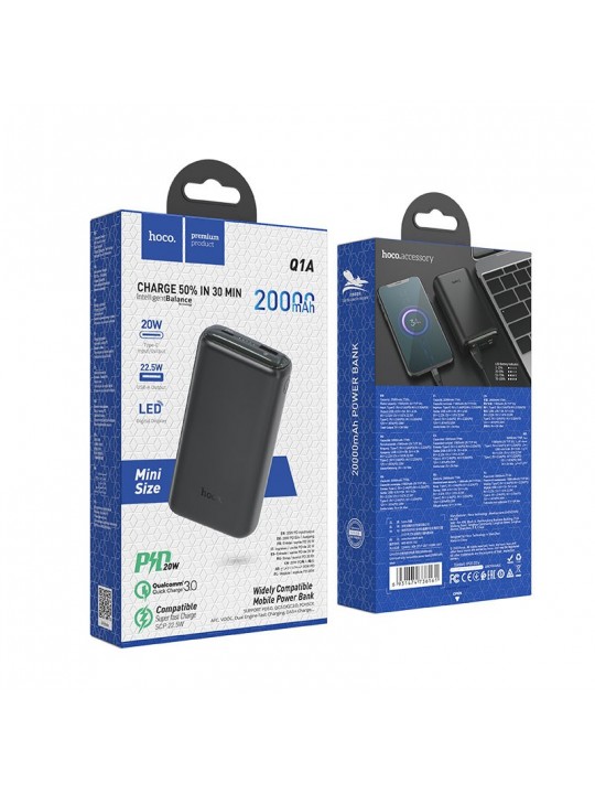 Power Bank Hoco Q1A Kraft 20000mAh PD20W+QC3.0 Mini Size με USB-A και USB-C Οθόνη Super Fast Charge Μαύρο