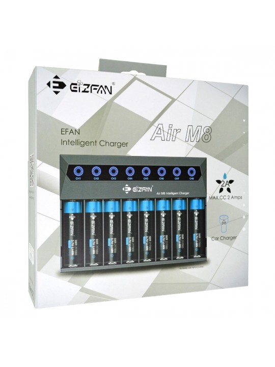 Φορτιστής Μπαταριών EiZfan Air M8  Intelligent Li-ion 3.7V 21700 20700 18650 8 Θέσεων και Φορτιστής Αυτοκινήτου
