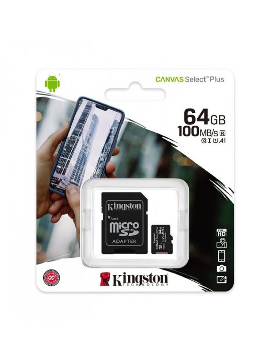 Κάρτα Μνήμης Kingston Canvas Select Plus MicroSDHC Class 10 με SD Αντάπτορα έως 100MB/s SDCS2/64GB