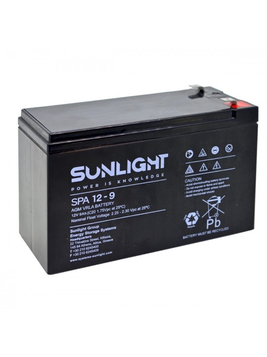 Μπαταρία Sunlight VRLA AGM (12V 9Ah) 1.6kg 93mm x 65mm x 150mm
