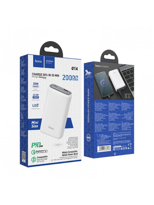 Power Bank Hoco Q1A Kraft 20000mAh PD20W+QC3.0 Mini Size με Έξοδο USB USB-C και LED Ένδειξη Μπαταρίας Λευκό