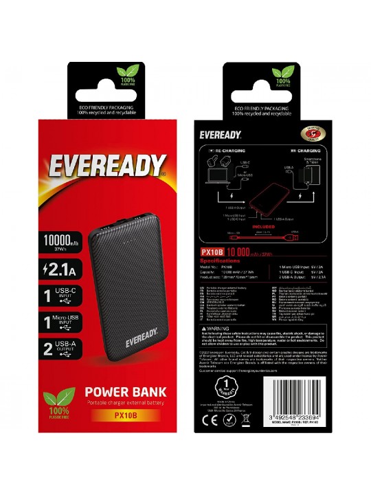 Power Bank Energizer Eveready Slim 10000mAh 2A  με 2x USB 2.0 και LED Ένδειξη Μπαταρίας Μαύρο