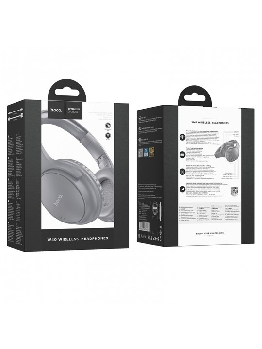 Wireless Ακουστικά Stereo Hoco W40 Mighty V5.3 200mAh με υποδοχή Micro SD, AUX και Πλήκτρα Ελέγχου Γκρι