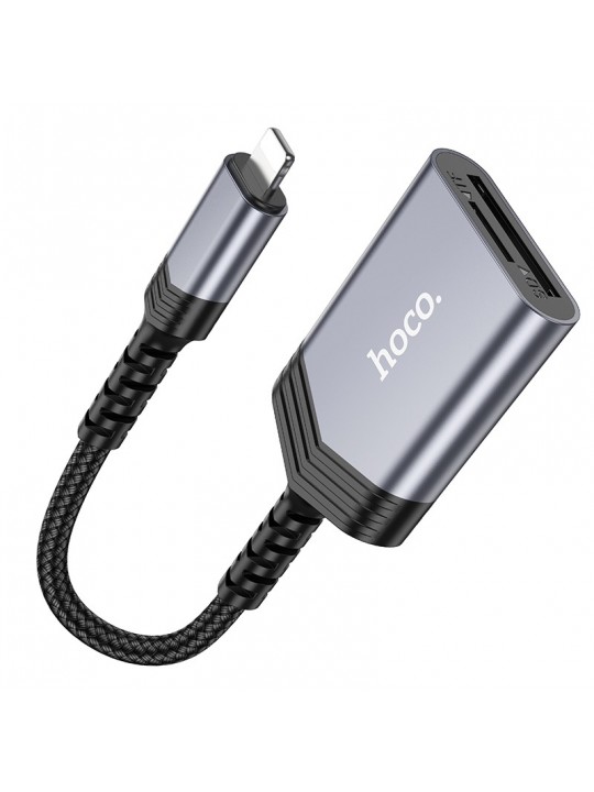Αναγνώστης Κάρτας Μνήμης Hoco UA25 2 σε 1 Lightning 480Mbps και 2TB για Micro SD/SD OTG Κοντό και Anti-bending Καλώδιο Γκρι