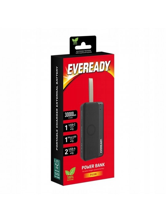 Power Bank Energizer Eveready Slim 30000mAh 2A  με 2x USB 2.0 και LED Ένδειξη Μπαταρίας Μαύρο