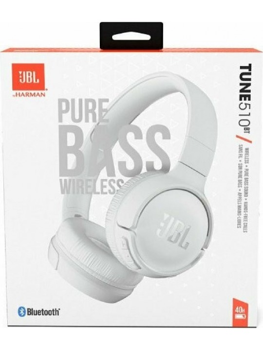 Bluetooth Ακουστικά Stereo JBL JBLT510  Over-ear Pure Bass Sound Multipoint Υποστηρίζει Voice Assistant με 40hr Λειτουργίας Λευκά