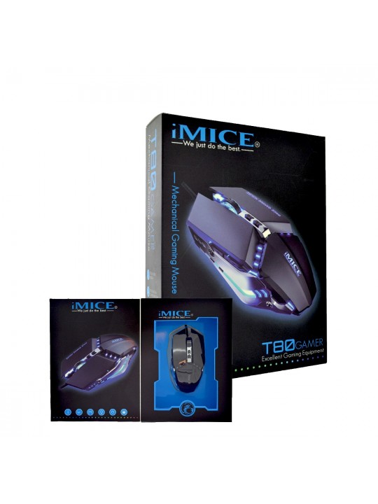 Ενσύρματο Ποντίκι iMICE T80 Gamer 6D με 6 Πλήκτρα, 3200 DPI και LED Φωτισμό. Μαύρο