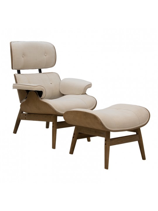 Πολυθρόνα-υποπόδιο relax Mirto pakoworld μασίφ ξύλο καρυδί-ύφασμα μπεζ 80x80x96,5εκ