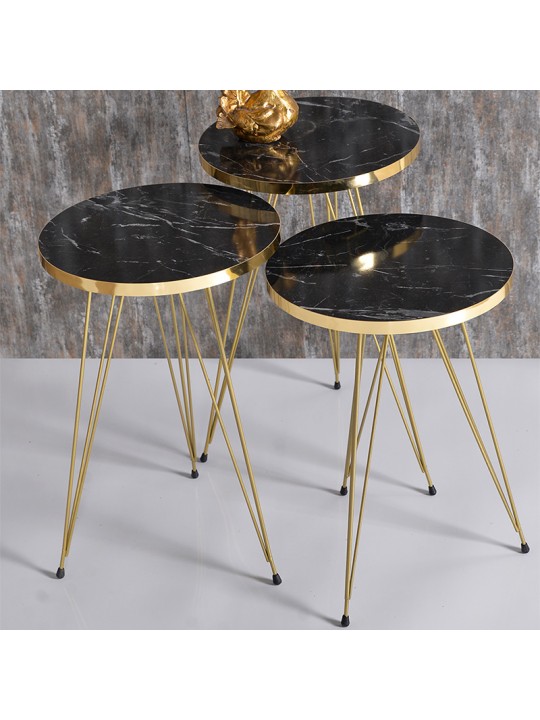 Βοηθητικά τραπέζια Sebastian pakoworld σετ 3τεμ μαύρο μάρμαρου-χρυσό