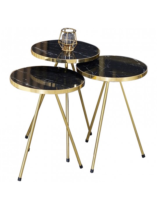 Βοηθητικά τραπέζια Weber pakoworld σετ 3τεμ μαύρο μαρμάρου-χρυσό