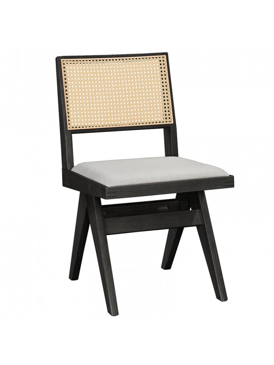 Καρέκλα Winslow pakoworld ξύλο rubberwood μαύρο-pvc rattan φυσικό-ύφασμα γκρι