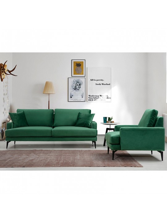 Καναπές 3θέσιος Fortune pakoworld βελούδο πράσινο-μαύρο 205x90x88εκ