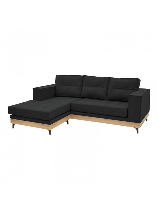 Γωνιακός καναπές αναστρέψιμος Mirabel pakoworld μαύρο ύφασμα-φυσικό ξύλο 250x184x100εκ