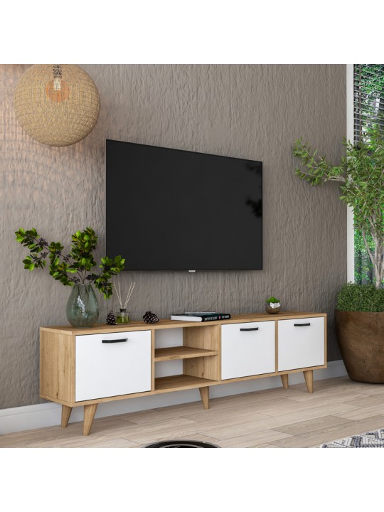 Έπιπλο τηλεόρασης Sercio pakoworld λευκό-καρυδί μελαμίνη-πόδι φυσικό χρώμα ξύλο180x29.7x48.6εκ