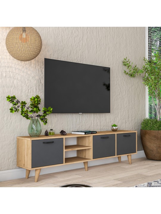 Έπιπλο τηλεόρασης Sercio pakoworld ανθρακί-καρυδί μελαμίνη-πόδι φυσικό χρώμα ξύλο 180x29.7x48.6εκ