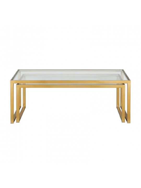 Τραπέζι σαλονιού Redro pakoworld σετ 2τεμ χρυσό μέταλλο-γυαλί 100x40x45εκ